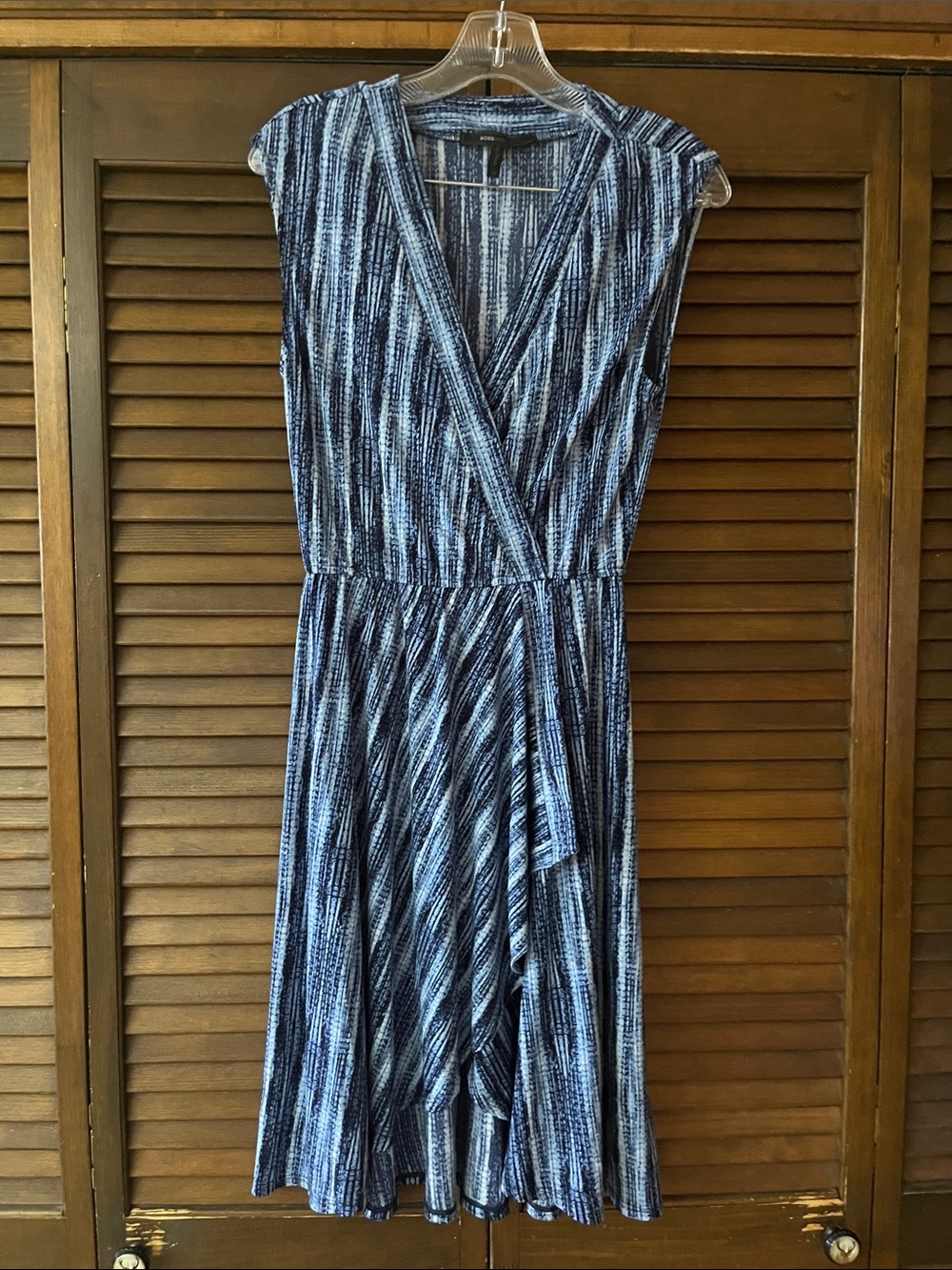 BCBGMaxAzria Navy and Light Blue Striped Wrap Midi Dress
